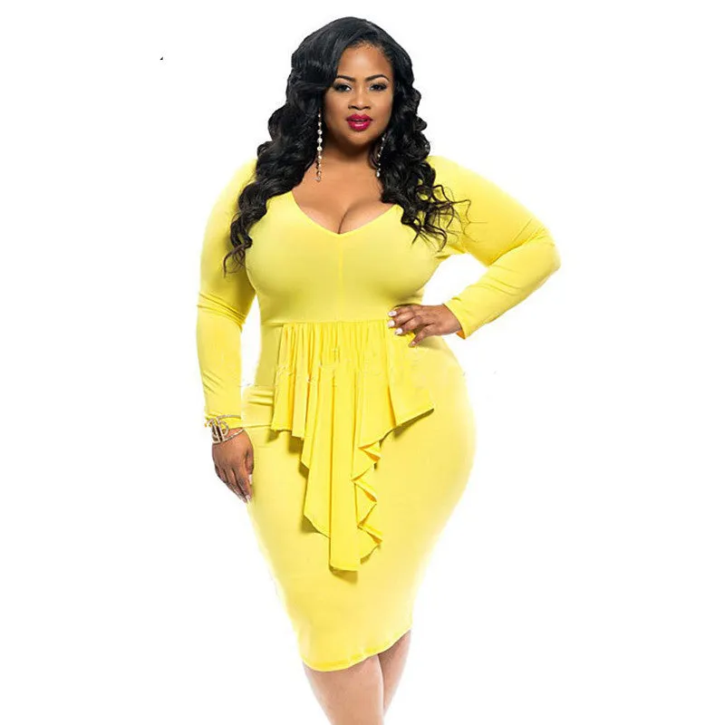 Yellow Plus Size Knee-length Club Party Dress